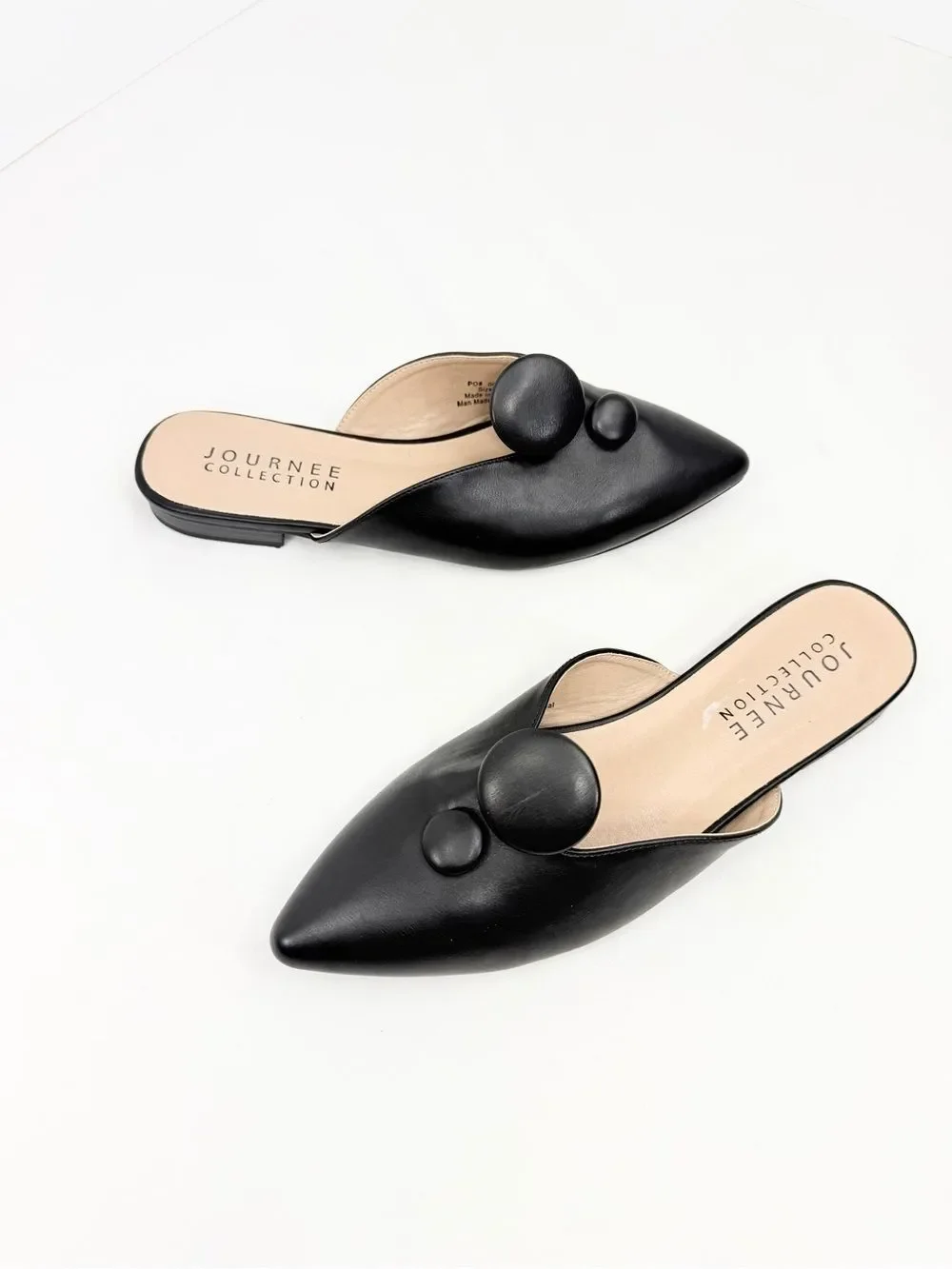Journee Collection MALLORIE Black Vegan Leather Button Pointed Toe Slide Shoe